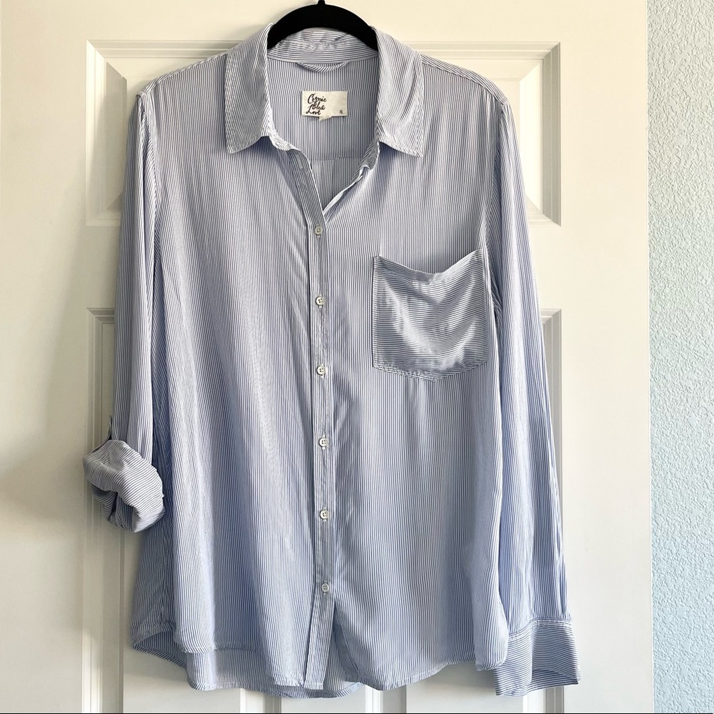 Like New Cosmic Blue Love Pinstripe Button-Up